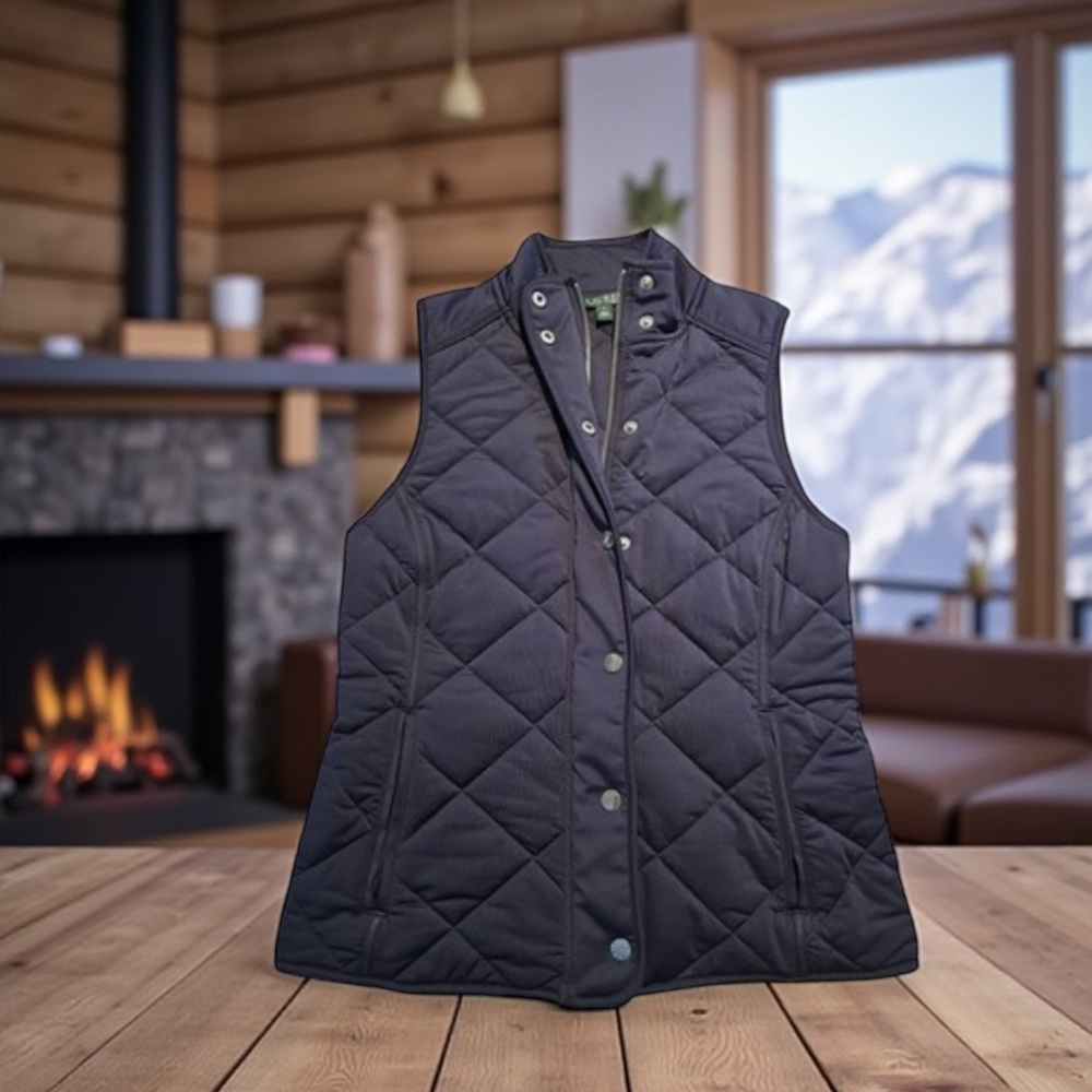 Lauren Ralph Lauren Quilted Mockneck Navy Vest Zip/Snap Front Closure Size XL